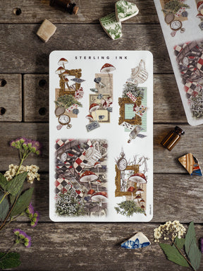 Detailed sticker arrangement featuring woodland mushrooms, antique clock frames, scattered florals, and charming Victorian-style patterns.