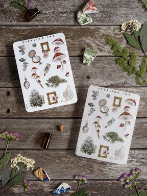Elements Stickers set featuring vintage botanical illustrations of mushrooms, leaves, and woodland natural elements on white paper.