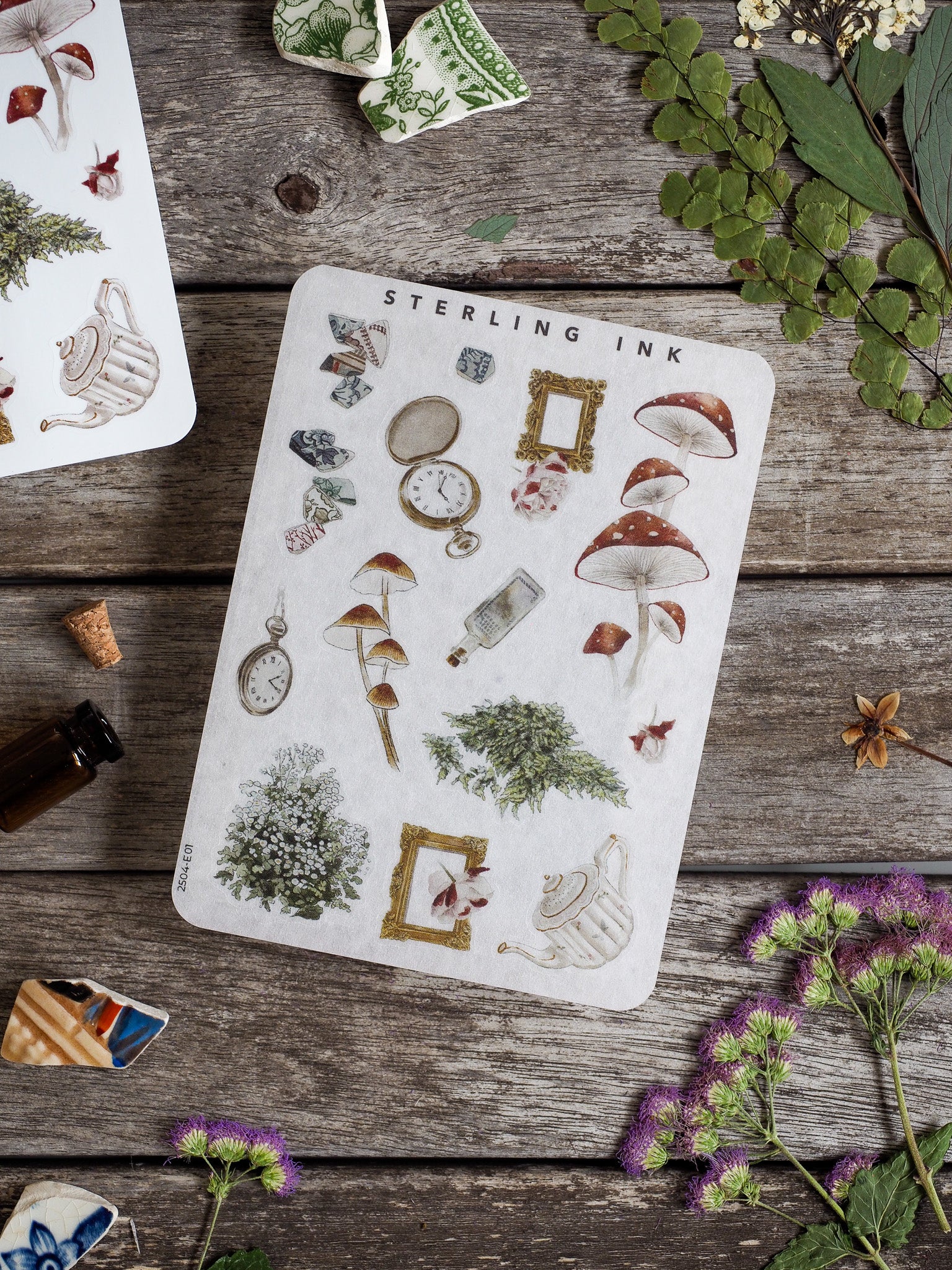 Sticker sheet featuring vintage elements, including botanical drawings of mushrooms, clocks, and potted plants on a pale background, perfect for crafting themes.
