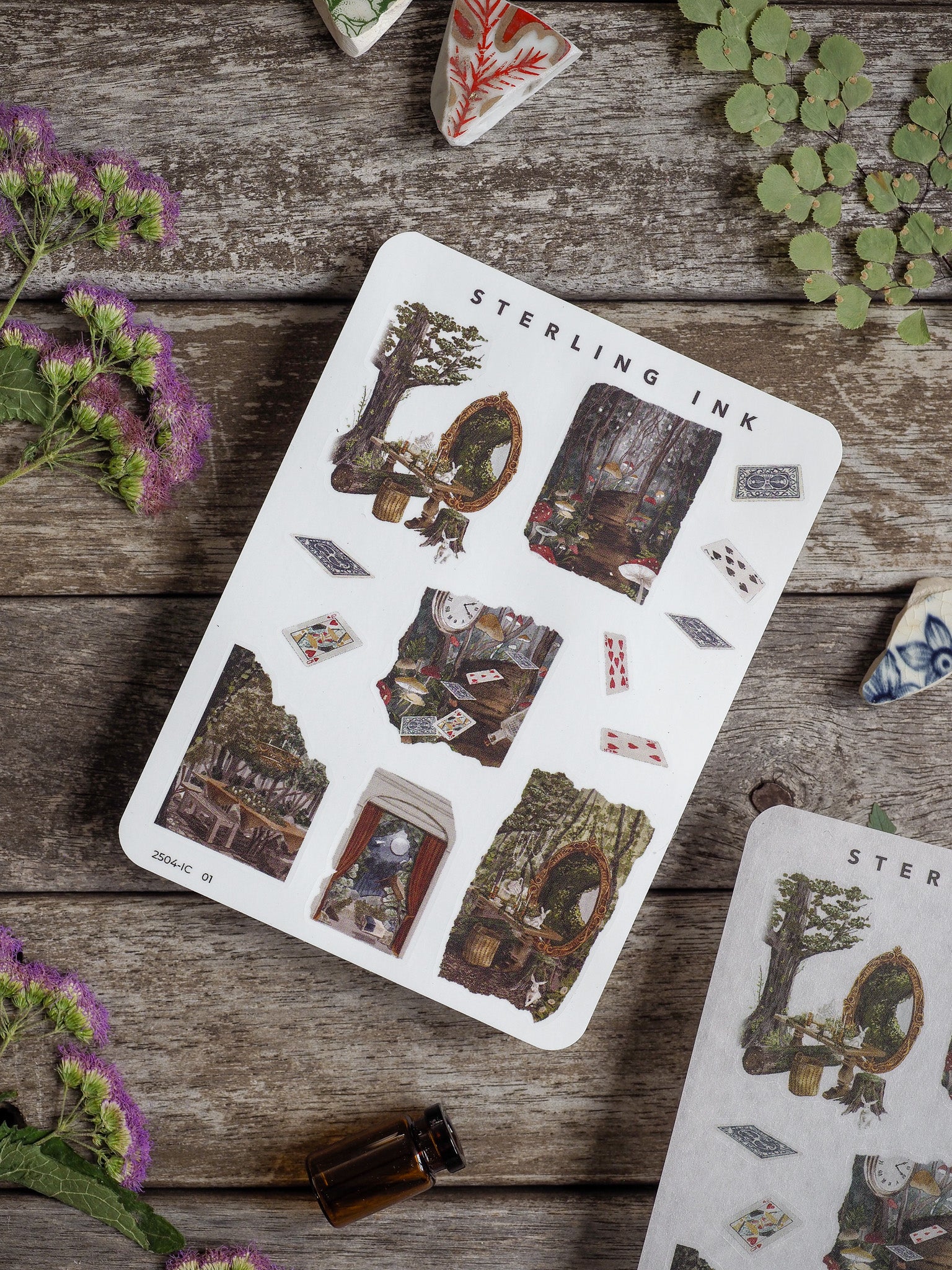 Mini elements icon sticker sheet featuring detailed, rustic illustrations of woodland scenes, ornate antique frames, natural motifs, and whimsical crafting elements.