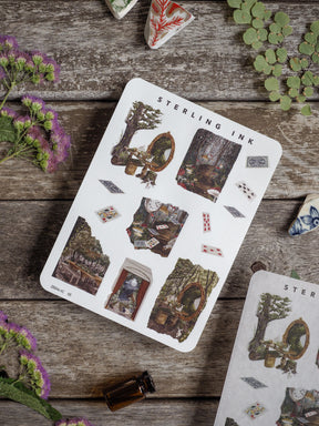 Mini elements icon sticker sheet featuring detailed, rustic illustrations of woodland scenes, ornate antique frames, natural motifs, and whimsical crafting elements.