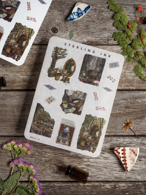 Collage sticker featuring vintage botanical and mystical icons like a circular forest portal, dark academic panels, and diverse sepia-toned illustrated motifs.