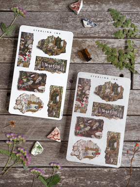 Distressed torn paper sticker sheets featuring vintage collages of books, rustic architecture, and foliage, perfect for adding a literary, aged look to scrapbooks.