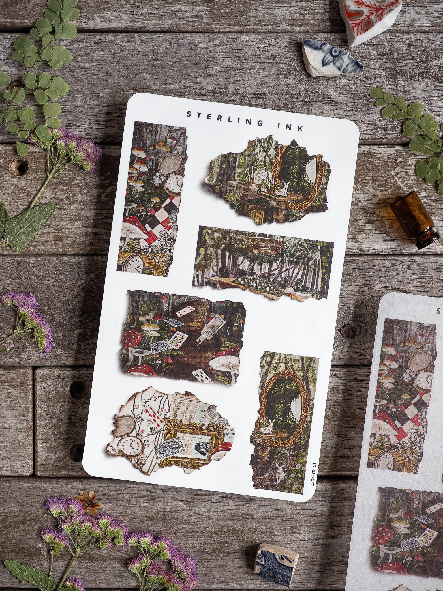 Torn Paper Stickers - April 2025, featuring vintage, sepia-toned die-cut elements of antique clocks, ornate frames, and overgrown historical scenes.