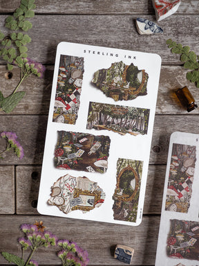 Torn Paper Stickers - April 2025, featuring vintage, sepia-toned die-cut elements of antique clocks, ornate frames, and overgrown historical scenes.