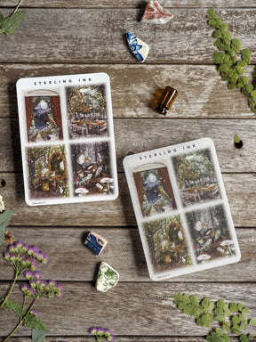 Vintage illustration set featuring a 2x2 grid of rustic cottagecore scenes, including forest paths, mushrooms, and cozy garden vignettes with a natural, aged aesthetic.