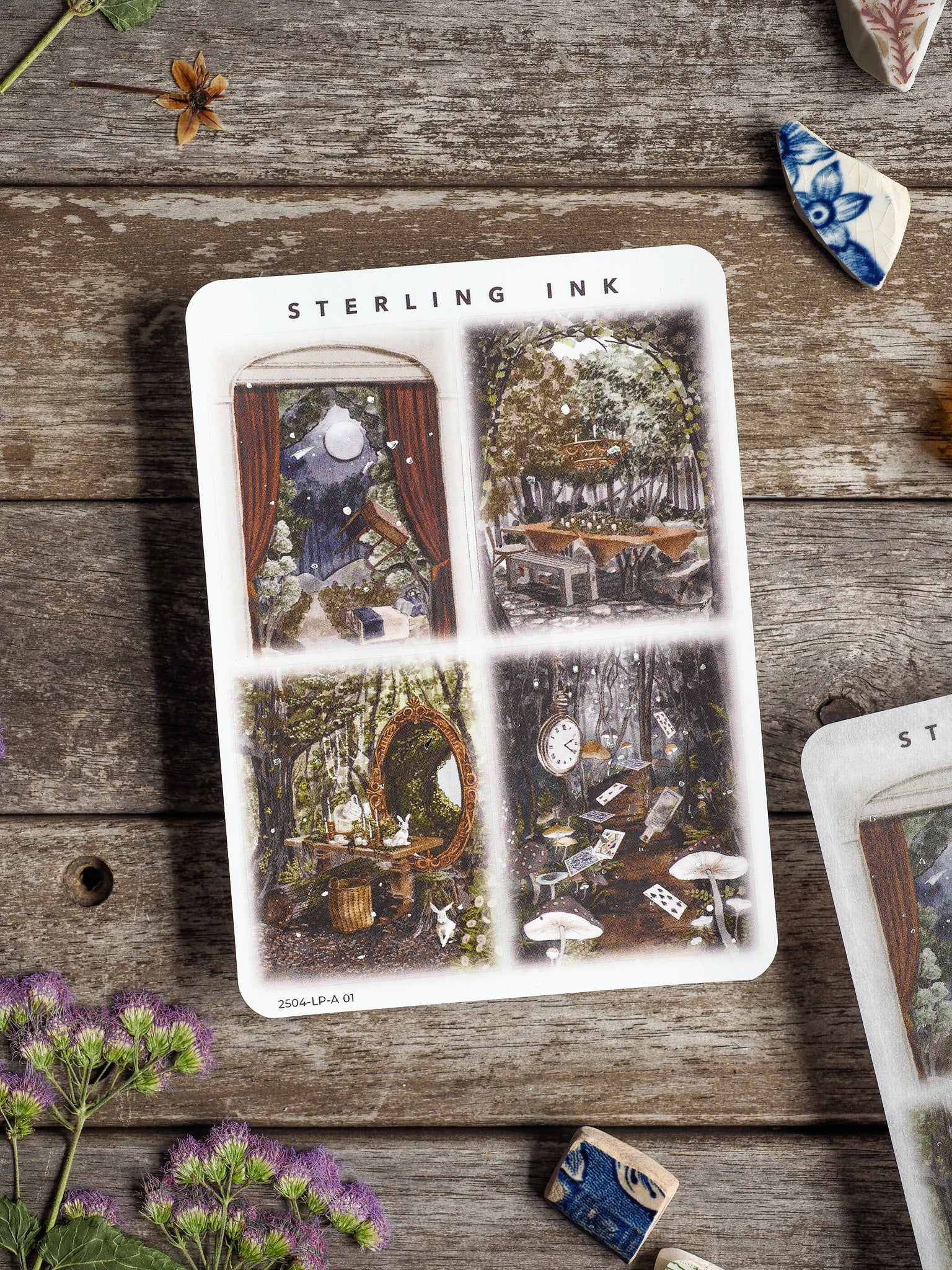 Set of four-panel large illustration stickers featuring whimsical, vintage nature scenes, including deep woods, garden details, and forest flora.