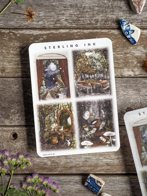 Set of four-panel large illustration stickers featuring whimsical, vintage nature scenes, including deep woods, garden details, and forest flora.
