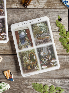 A four-panel whimsical forest illustration sticker set featuring a whimsical, fairy-tale woodland scene with mushrooms and cozy rustic elements.