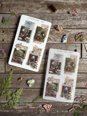 Rich sheet of vintage collage stickers featuring sepia-toned botanical elements, ornate clocks, and antique ephemera perfect for journaling and scrapbooking.