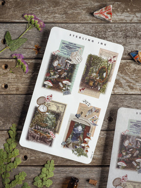 Vintage collage stickers featuring intricate scenes of tiny houses, mushrooms, clocks, and antique elements in a detailed, nostalgic pattern.