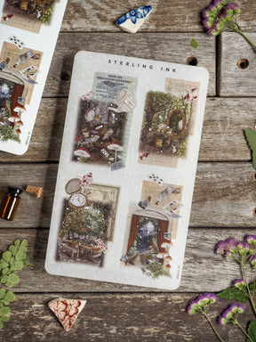 Vintage collage sticker set featuring dark academia themes, overgrown botanical elements, antique clocks, and intricate silver foil detailing for journaling.