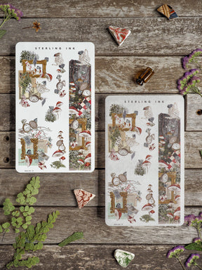 Elegant vintage washi designs featuring whimsical clock faces, mushrooms, and detailed architectural frames in soft, muted colors.
