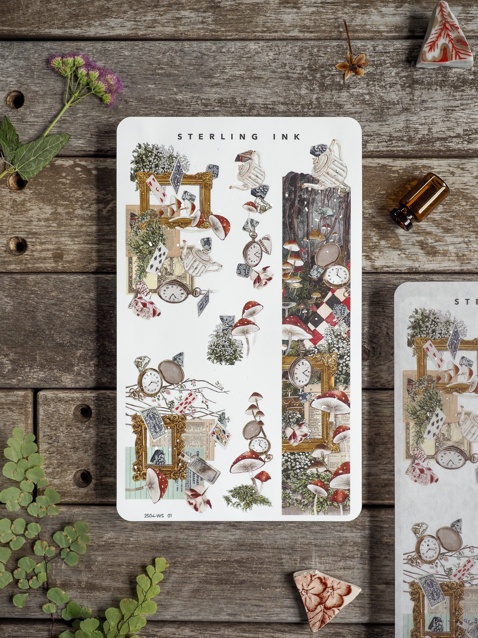 Decorative washi sticker sheet featuring whimsical woodland illustrations of colorful mushrooms, vintage clocks, and rustic forest elements.