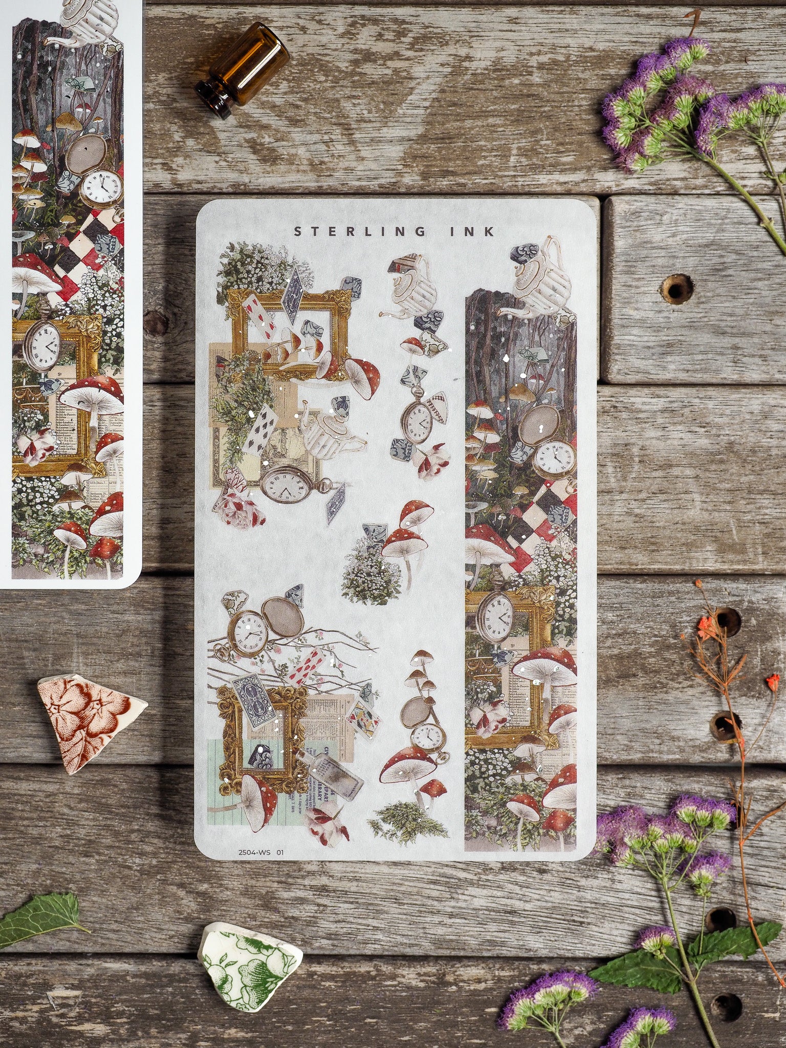 Charming washi sticker strips depicting a rich woodland scene with colorful mushrooms and intricate vintage pocket watch designs for crafting and journaling.