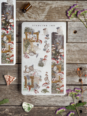 Charming washi sticker strips depicting a rich woodland scene with colorful mushrooms and intricate vintage pocket watch designs for crafting and journaling.