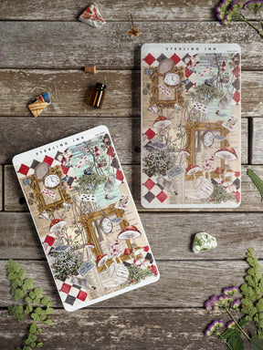 Vintage planner sticker sheets featuring a whimsical botanical theme, elegant clocks, decorative floral elements, and retro typography on a light cream background.