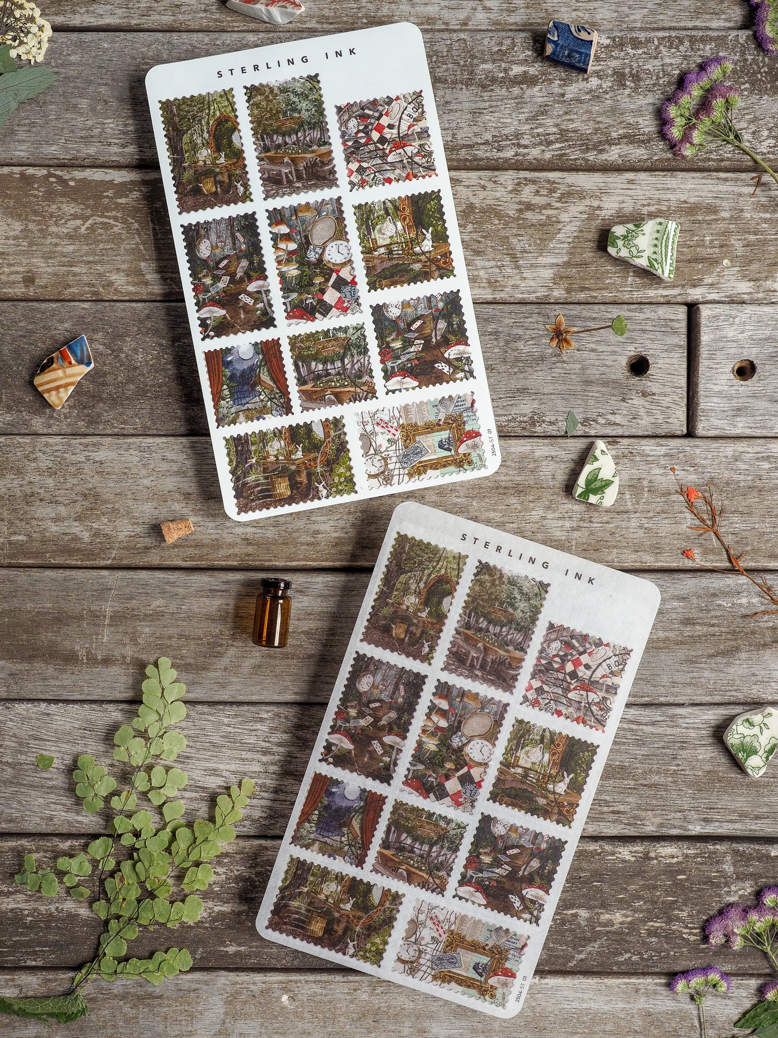 Grid sheet of vintage scrapbook stickers, featuring antique-themed collages and images arranged in a grid pattern under the title 'Stamps Stickers - April 2025' by Sterling Ink.