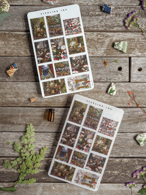Grid sheet of vintage scrapbook stickers, featuring antique-themed collages and images arranged in a grid pattern under the title 'Stamps Stickers - April 2025' by Sterling Ink.