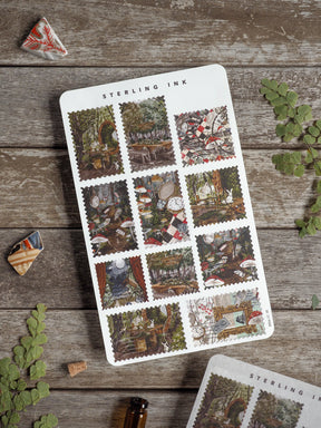Charming, vintage-style sticker set featuring rich, earthy depictions of woodland cabins and enchanted forest scenes.