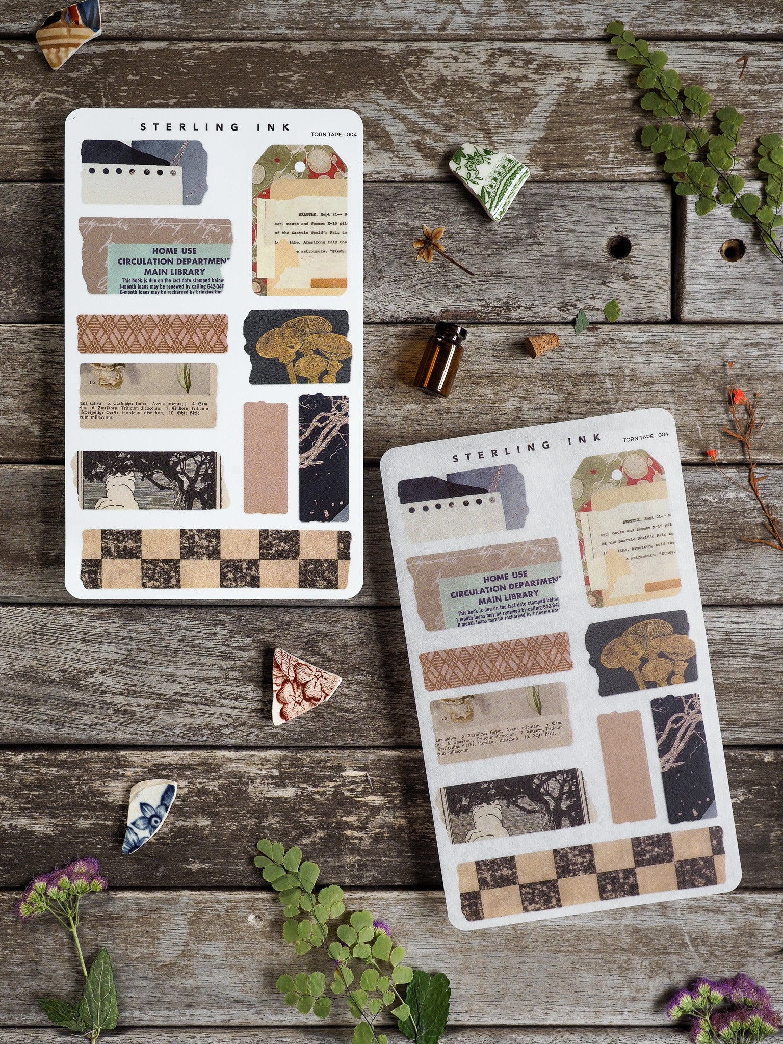Set of rustic "Torn Tape Stickers - April 2025," featuring vintage sepia tones, botanical elements, textured paper scraps, and patterned archival stickers for journaling.