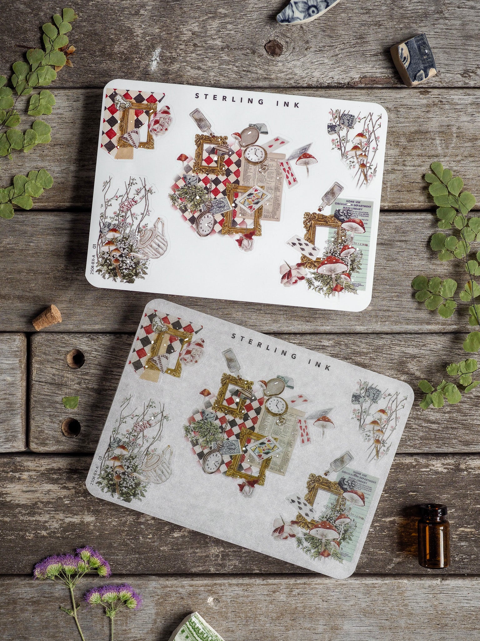 Highly detailed scrapbooking stickers with silver foil edges, featuring an ornate, vintage collage of clocks, picture frames, and miniature architecture.