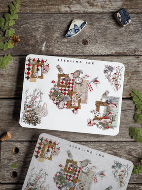 Vintage sticker set featuring elaborate silver foil accents and a decorative collage theme, incorporating whimsical clocks, botanical elements, and ornate picture frames.