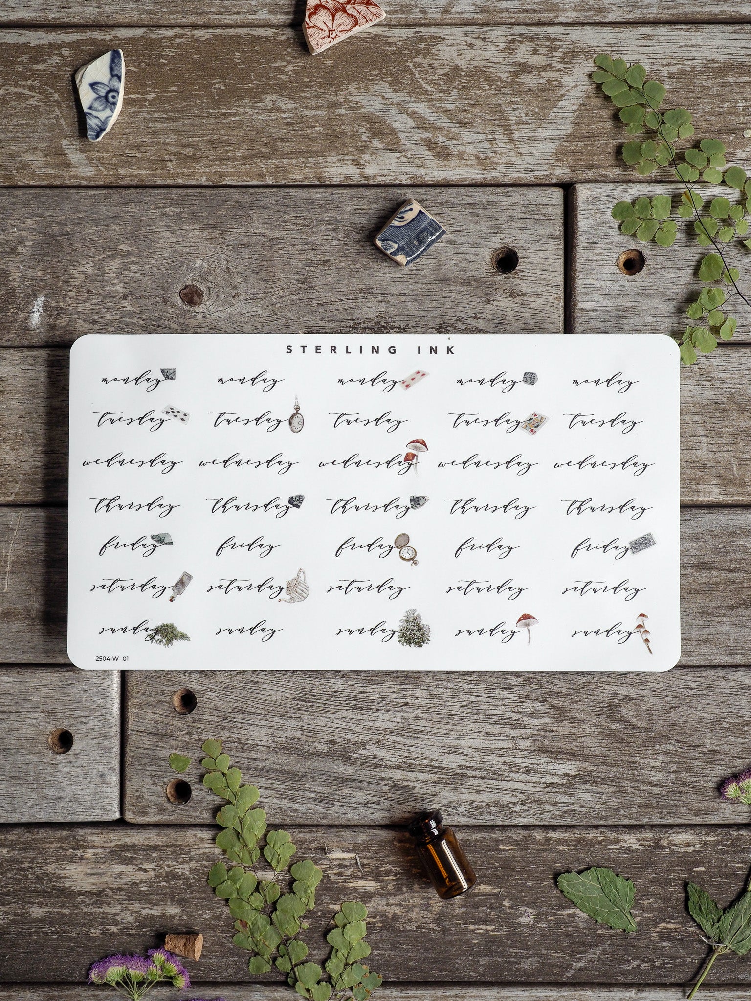 Decorative white sheet featuring repeating stickers for each weekday, ideal for journaling and planning appointments for April 2025.