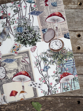 Whimsical floral planner page featuring pastel watercolor mushrooms, antique pocket watches, roses, and playing cards themed for April 2025.