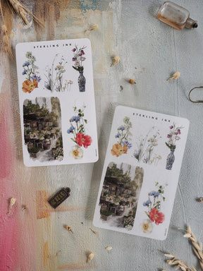 Delicate watercolor floral sticker sheet featuring pastel bouquets, blooming flowers, and detailed indoor garden arrangements perfect for spring planning.