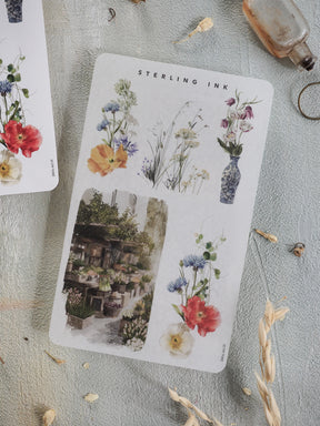 Watercolor sticker sheet featuring vintage botanical arrangements, detailed floral bouquets, and potted plants under the "Sterling Ink" title.