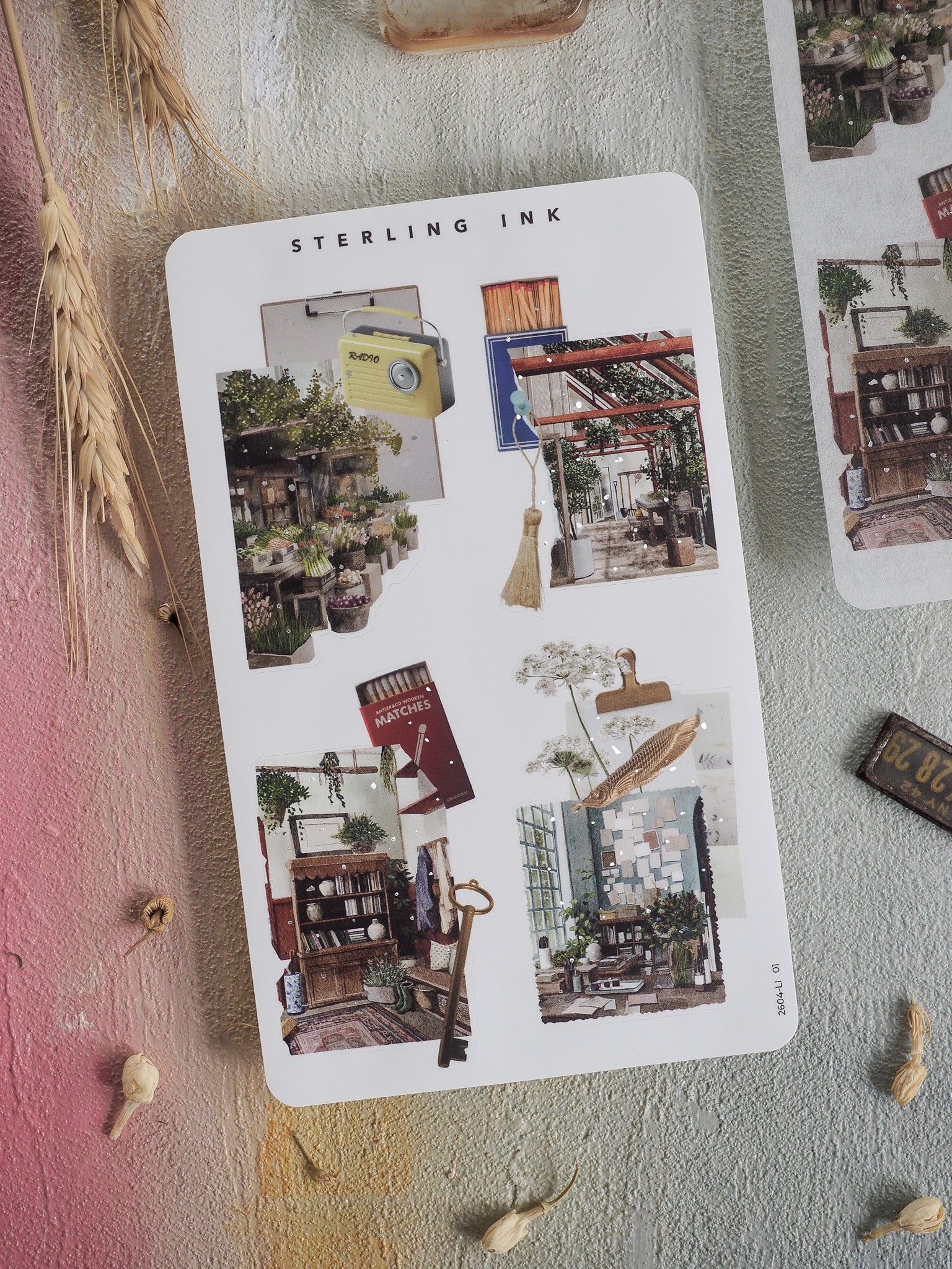 Collage stickers featuring warm-toned, detailed vignettes of rustic market stalls, cozy storefronts, and vintage retail scenes.