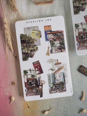 Collage stickers featuring warm-toned, detailed vignettes of rustic market stalls, cozy storefronts, and vintage retail scenes.