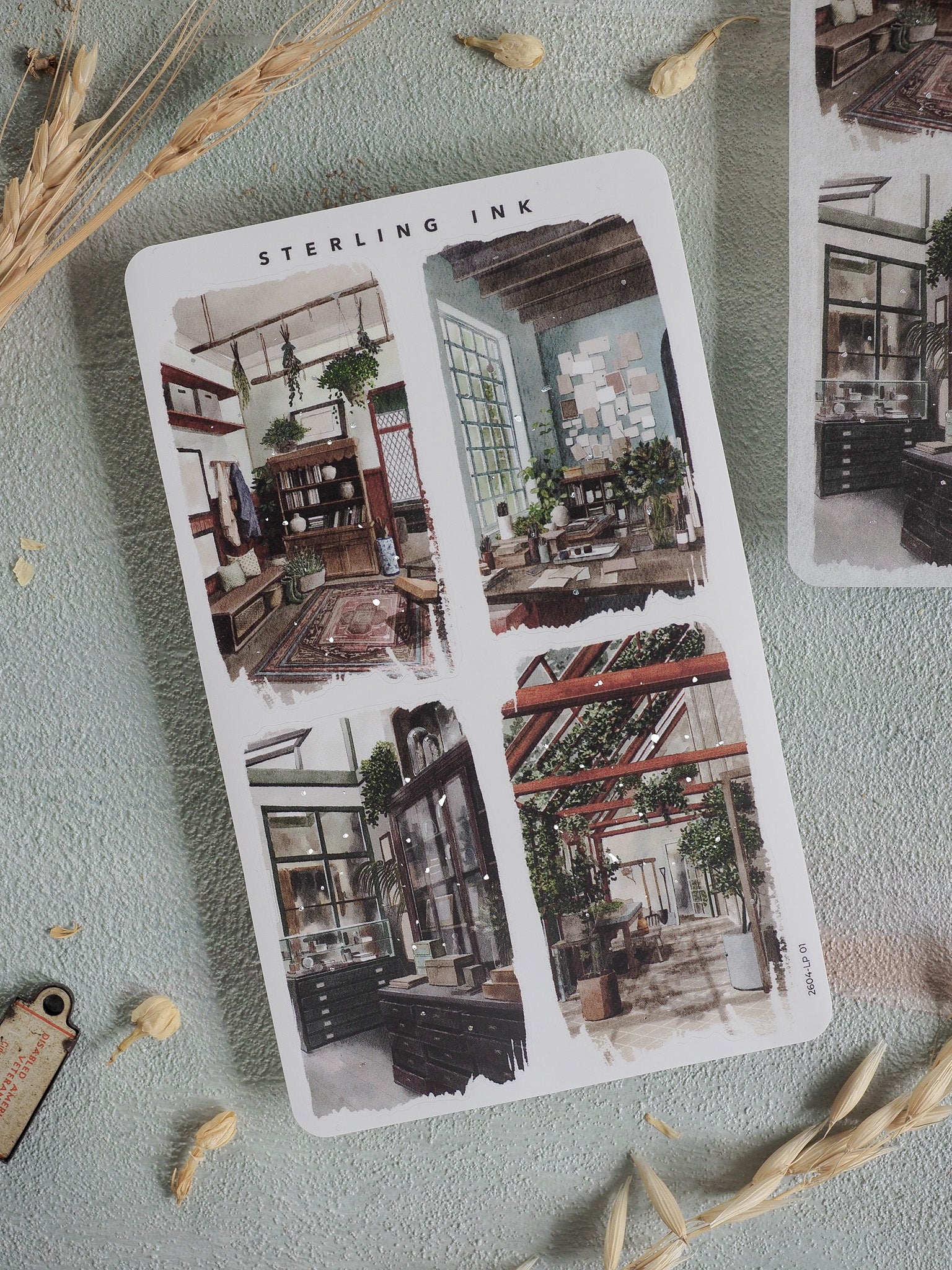 Collection of large watercolor sticker illustrations featuring cozy, vintage boutique interiors and detailed shop scenes.