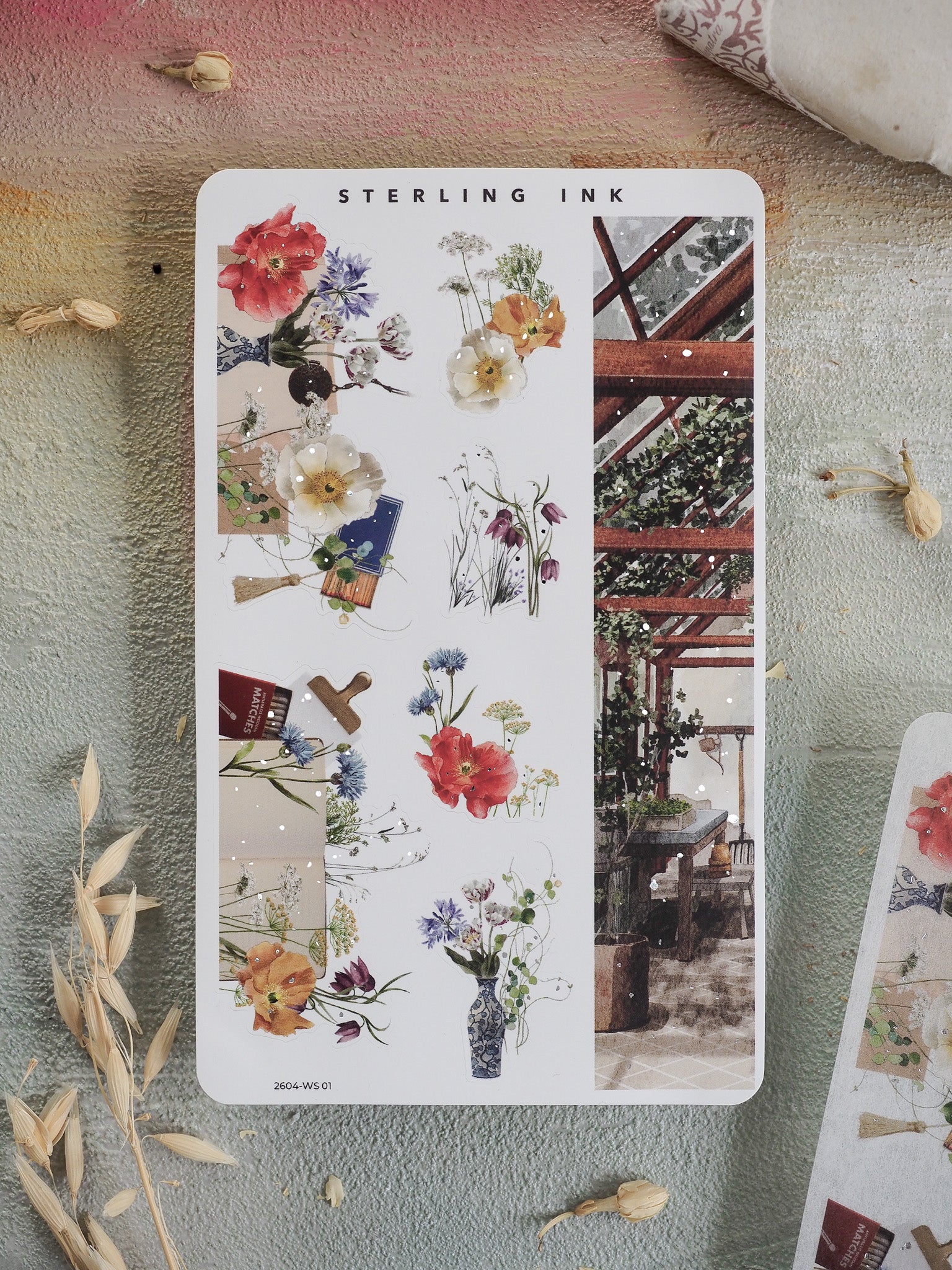Botanical sticker sheet featuring watercolor bouquets of blush and deep red flowers, rustic foliage, and natural elements perfect for journaling and crafts.