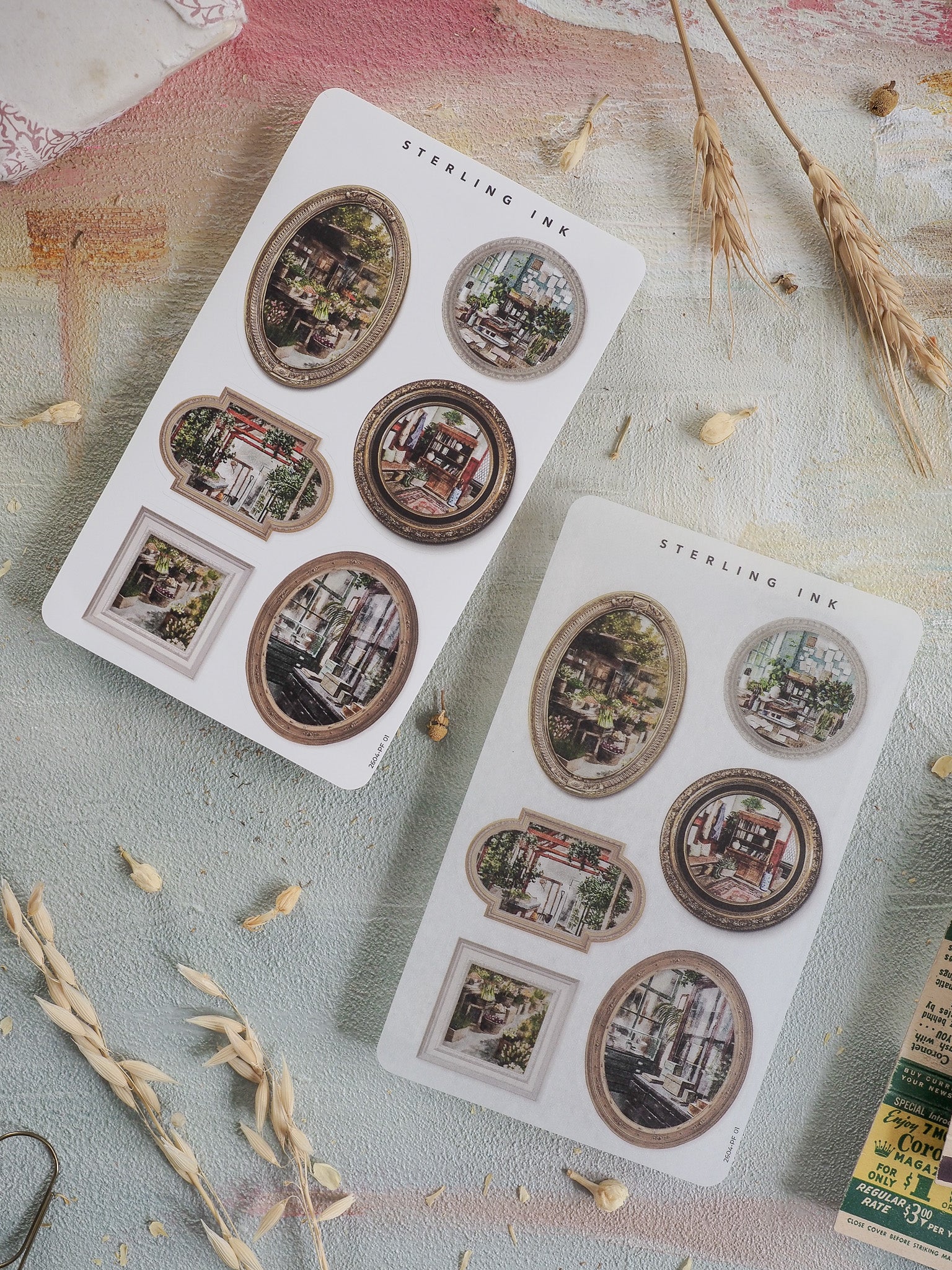 Vintage sepia-toned picture frame stickers featuring multiple small, framed photographs of detailed city and street scenes.