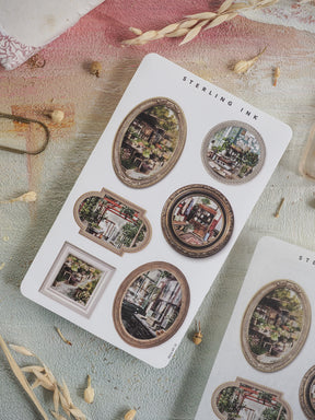 Collection of vintage picture frame stickers featuring varied aged borders and nostalgic black and white European street scenes, perfect for journaling and crafting.