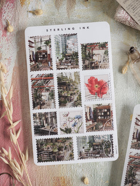Set of vintage postage stamp stickers depicting charming, detailed scenes of old European streets, perfect for journaling and scrapbooking.