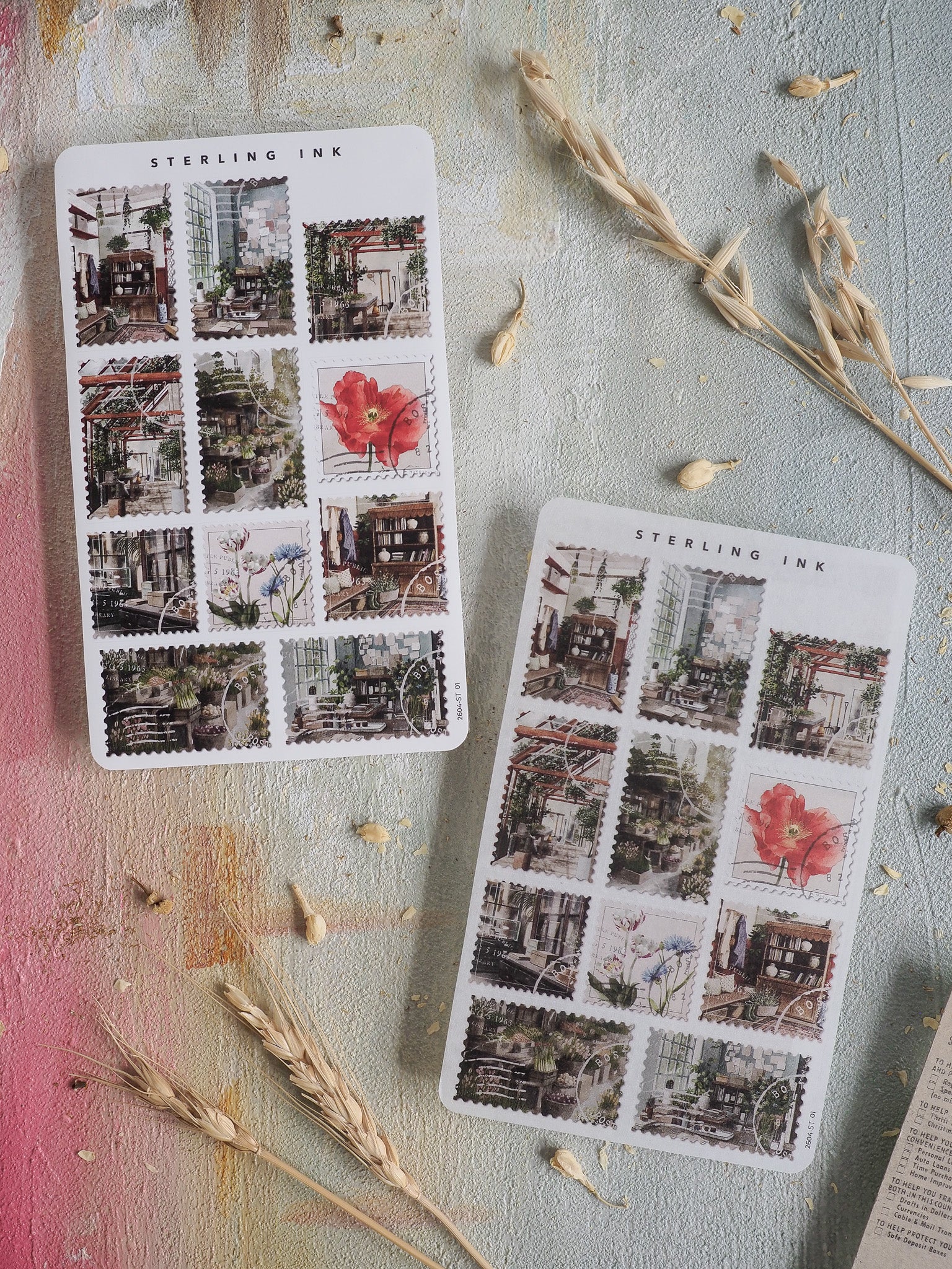 Decorative sticker set featuring vintage architectural collages, sepia-toned street scenes, and vibrant floral motifs, perfect for scrapbooking and crafting.