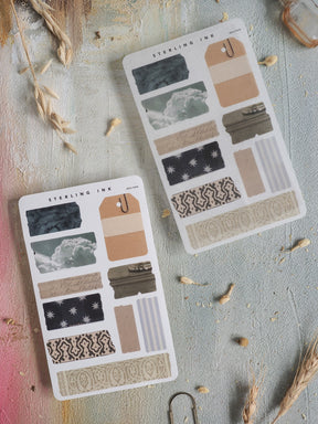 Varied collection of decorative tapes showcasing cloud motifs, starry skies, solid neutral tones, and geometric patterns perfect for seasonal journaling and scrapbooking.