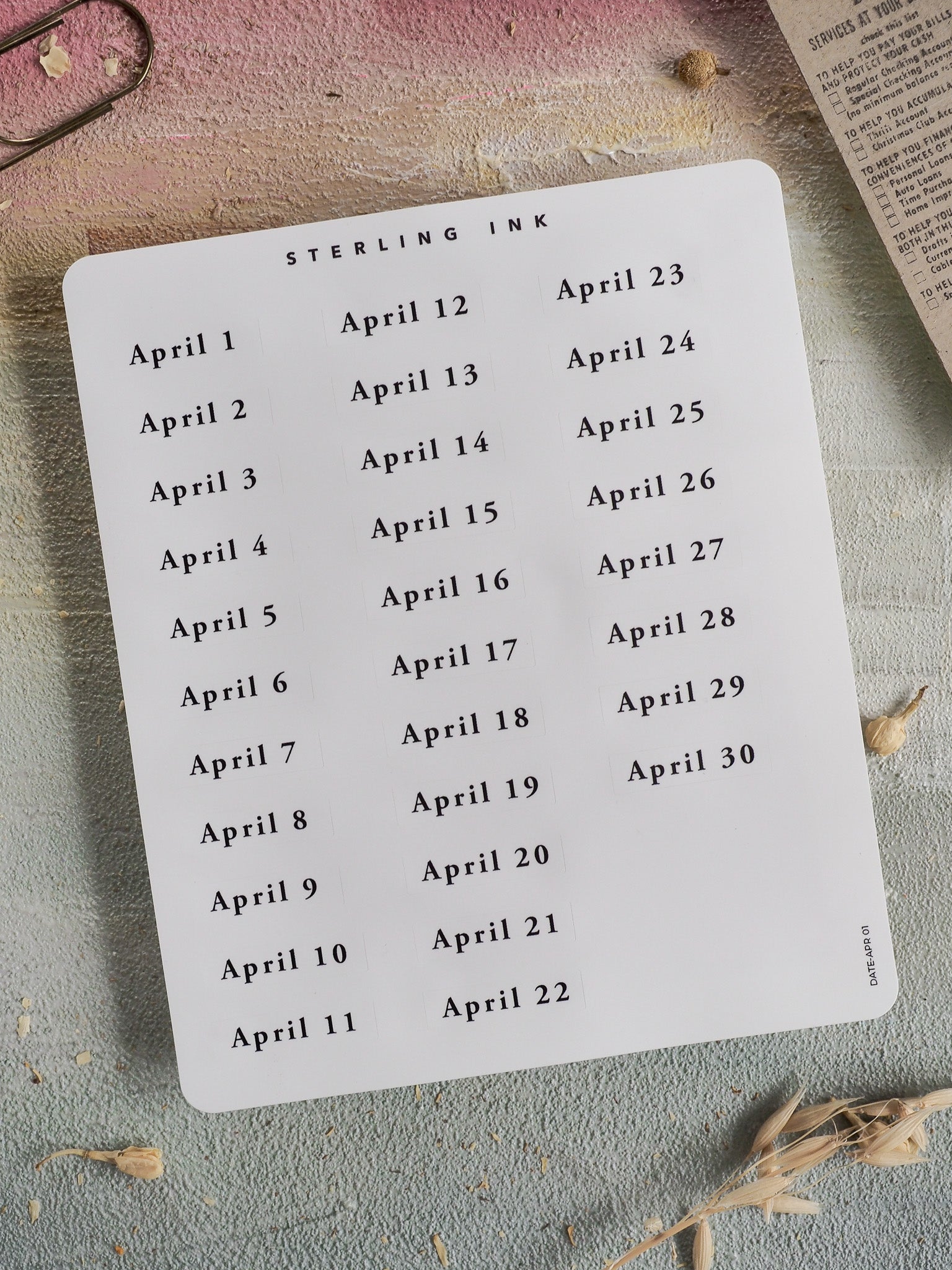 A structured sheet of white printable stickers featuring all 30 days for April 2026, laid out in a clean, organized calendar grid with black text.
