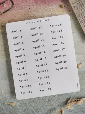 A structured sheet of white printable stickers featuring all 30 days for April 2026, laid out in a clean, organized calendar grid with black text.