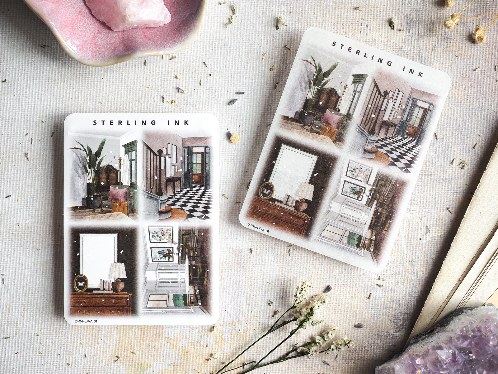 Detailed illustration stickers featuring black and white architectural renderings of stylish interiors, cozy rooms, and modern home decor concepts.
