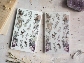 Elegant botanical washi sticker sheets featuring detailed illustrations of butterflies, purple flowers, and antique elements on a cream background.