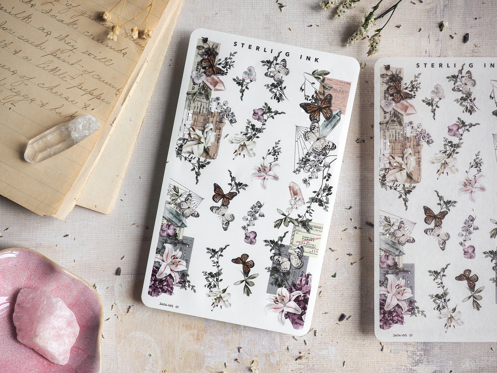 Detailed botanical washi strip stickers featuring elegant illustrations of butterflies, purple blossoms, and vintage architectural motifs.