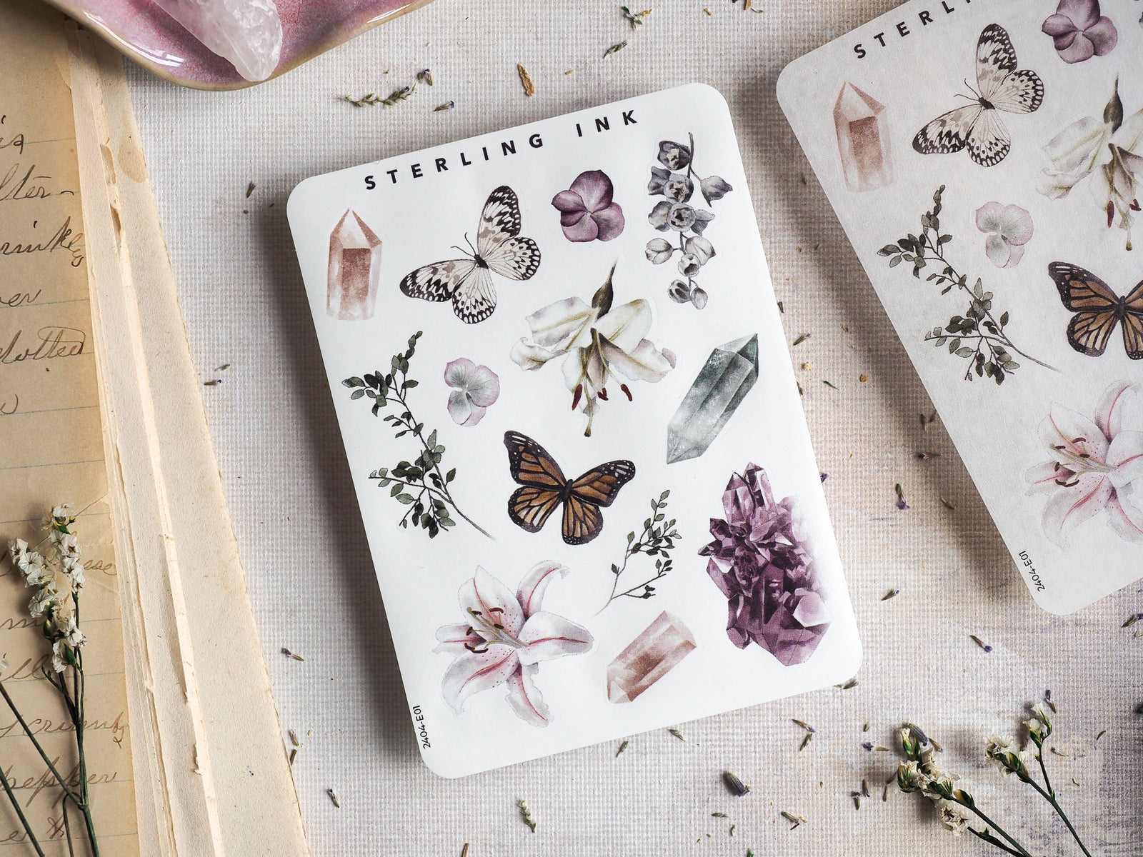 Elements sticker set featuring natural motifs like butterflies, botanical sprigs, and crystals, perfect for adding spring-themed dimension to journaling and scrapbooking.