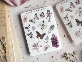 Elements sticker set featuring natural motifs like butterflies, botanical sprigs, and crystals, perfect for adding spring-themed dimension to journaling and scrapbooking.