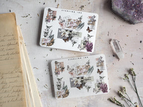 Vintage botanical corner stickers featuring detailed sketches of lavender, pressed flowers, and delicate butterflies, perfect for crafting and journaling.