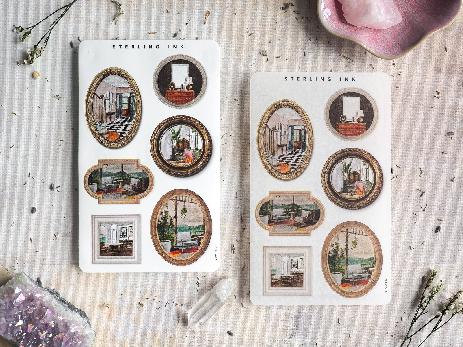 Decorative sticker sheets featuring a collection of antique picture frames surrounding nostalgic domestic, architectural, and garden scenes.