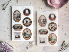 Decorative sticker sheets featuring a collection of antique picture frames surrounding nostalgic domestic, architectural, and garden scenes.